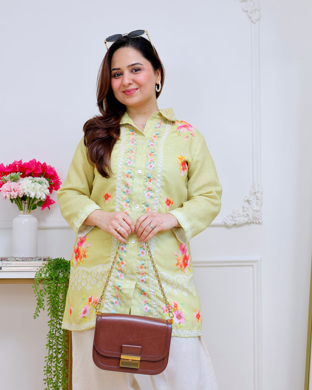 Lime Blossom Pearl Threaded Linen Cotton Co-ord
