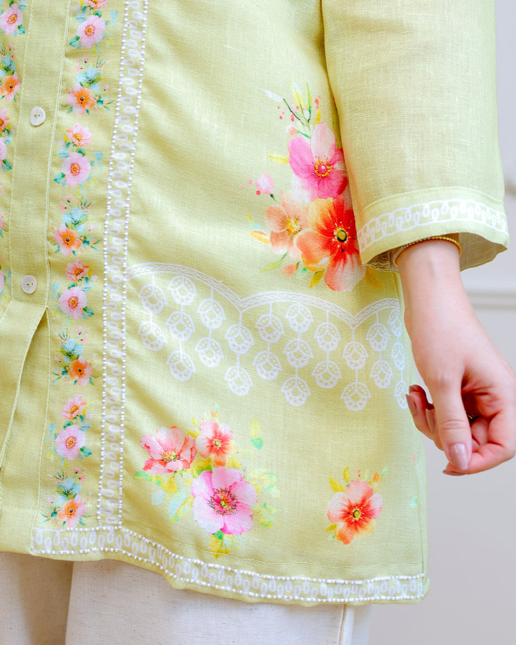 Lime Blossom Pearl Threaded Linen Cotton Co-ord