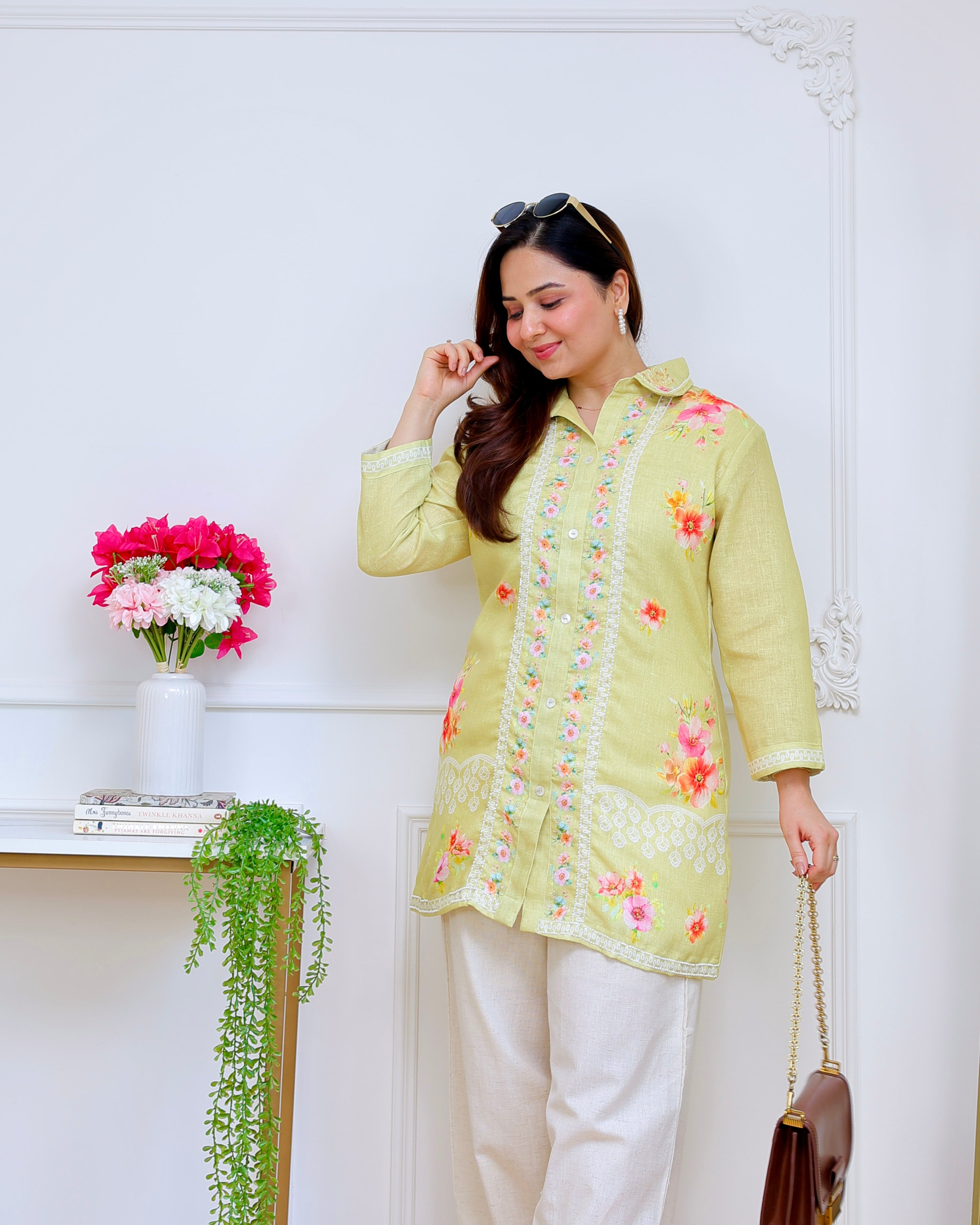Lime Blossom Pearl Threaded Linen Cotton Co-ord