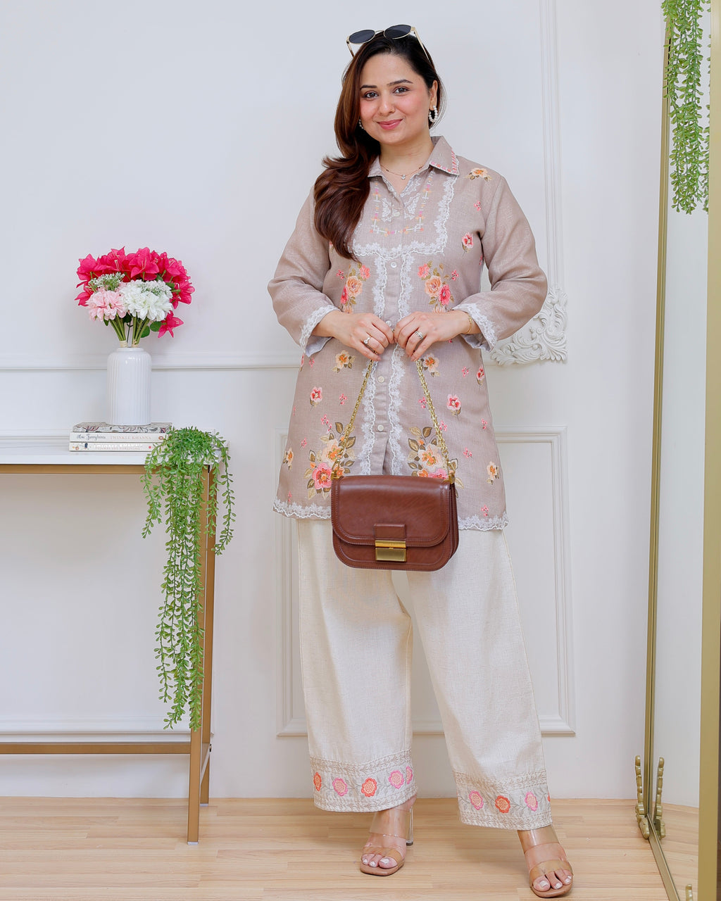 Nude Petals Pearl Threaded Linen Cotton Co-ord