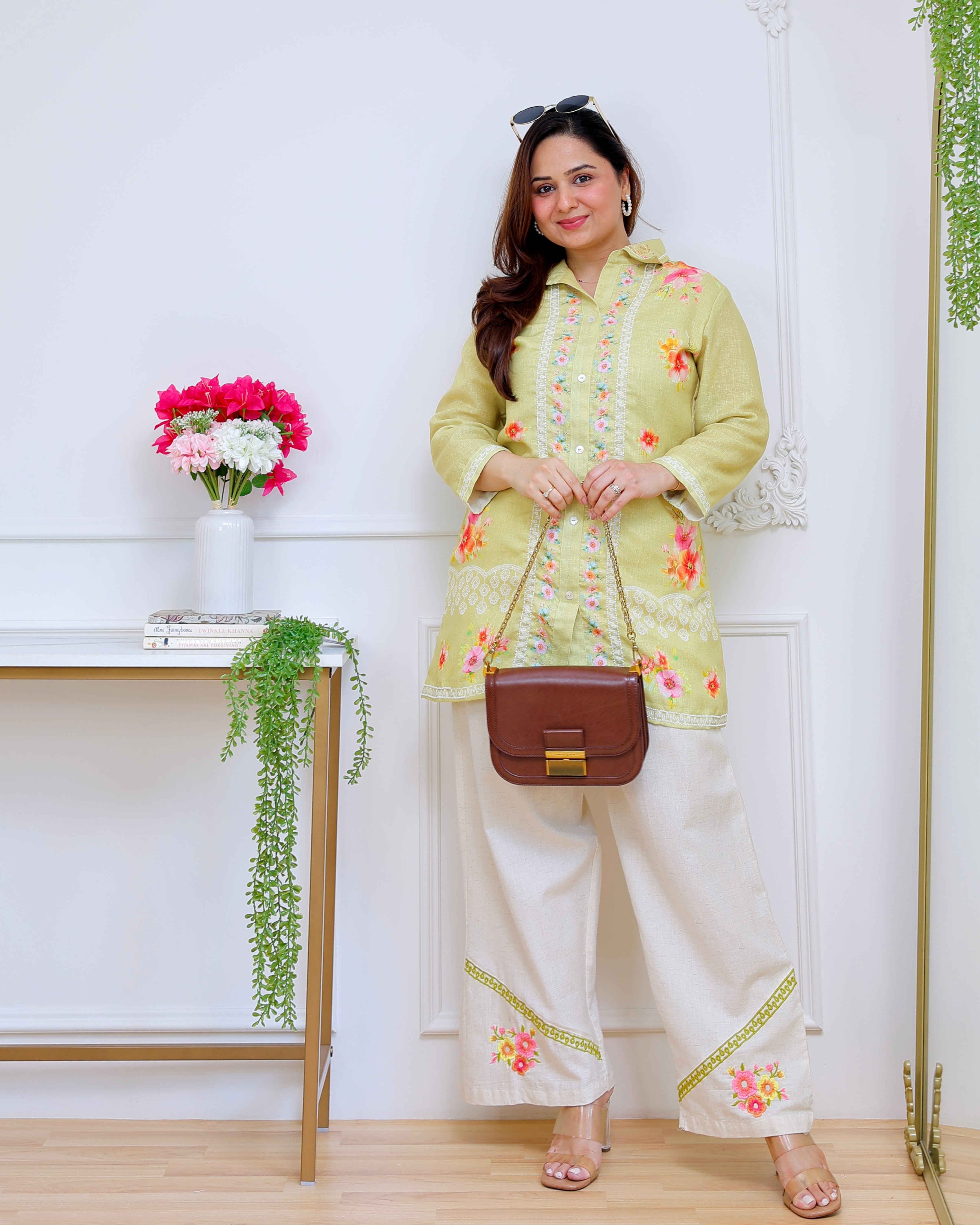 Lime Blossom Pearl Threaded Linen Cotton Co-ord
