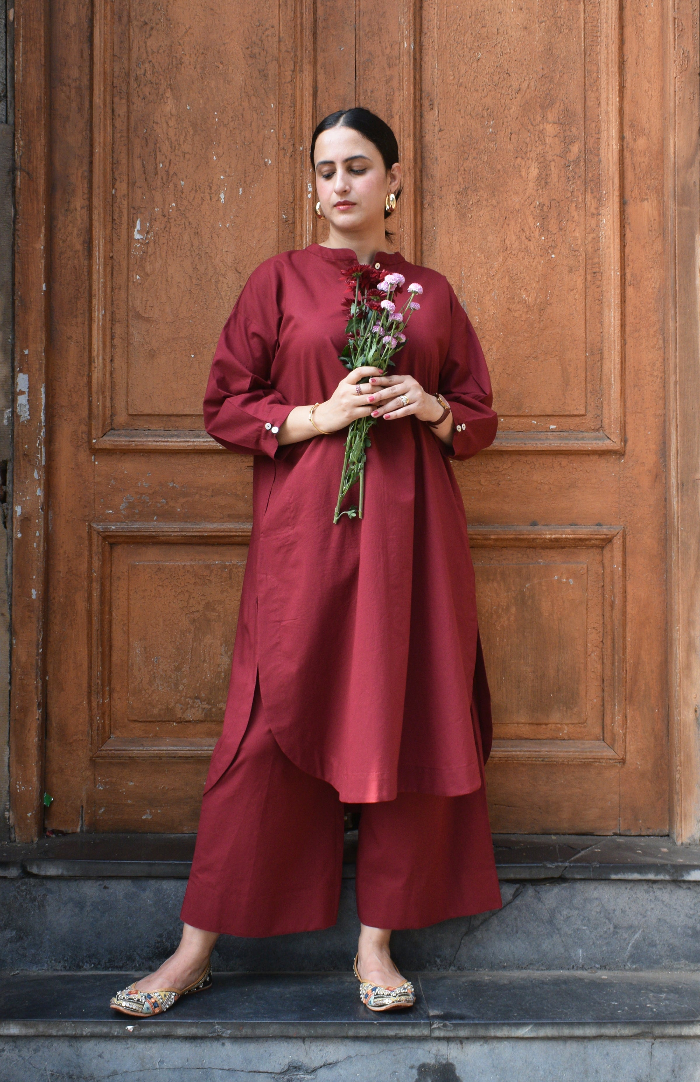 Maroon Antifit Co-ord Set with wide legged pyjama
