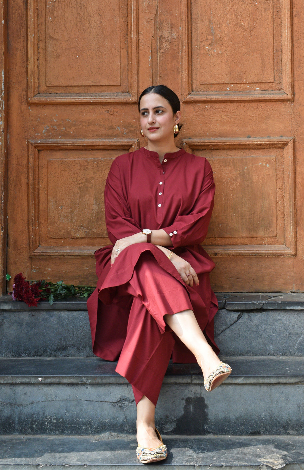 Maroon Antifit Co-ord Set with wide legged pyjama