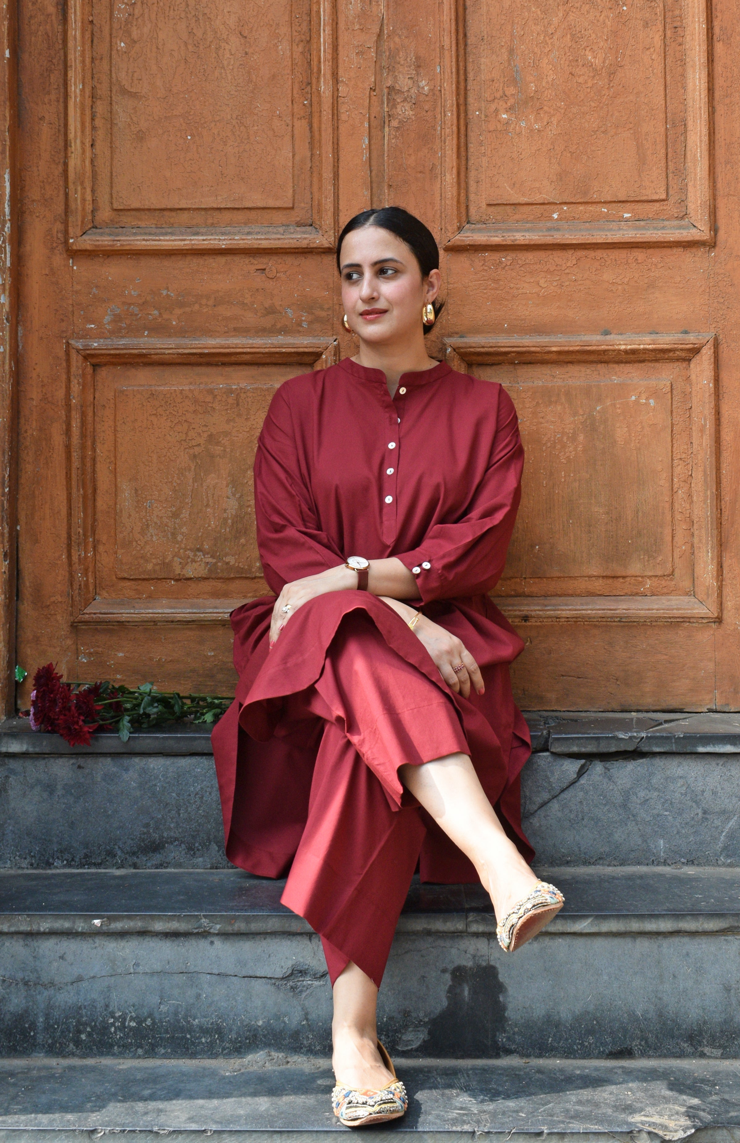 Maroon Antifit Co-ord Set with wide legged pyjama