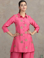 Pink Floral Embroidered Straight Co-ord Set
