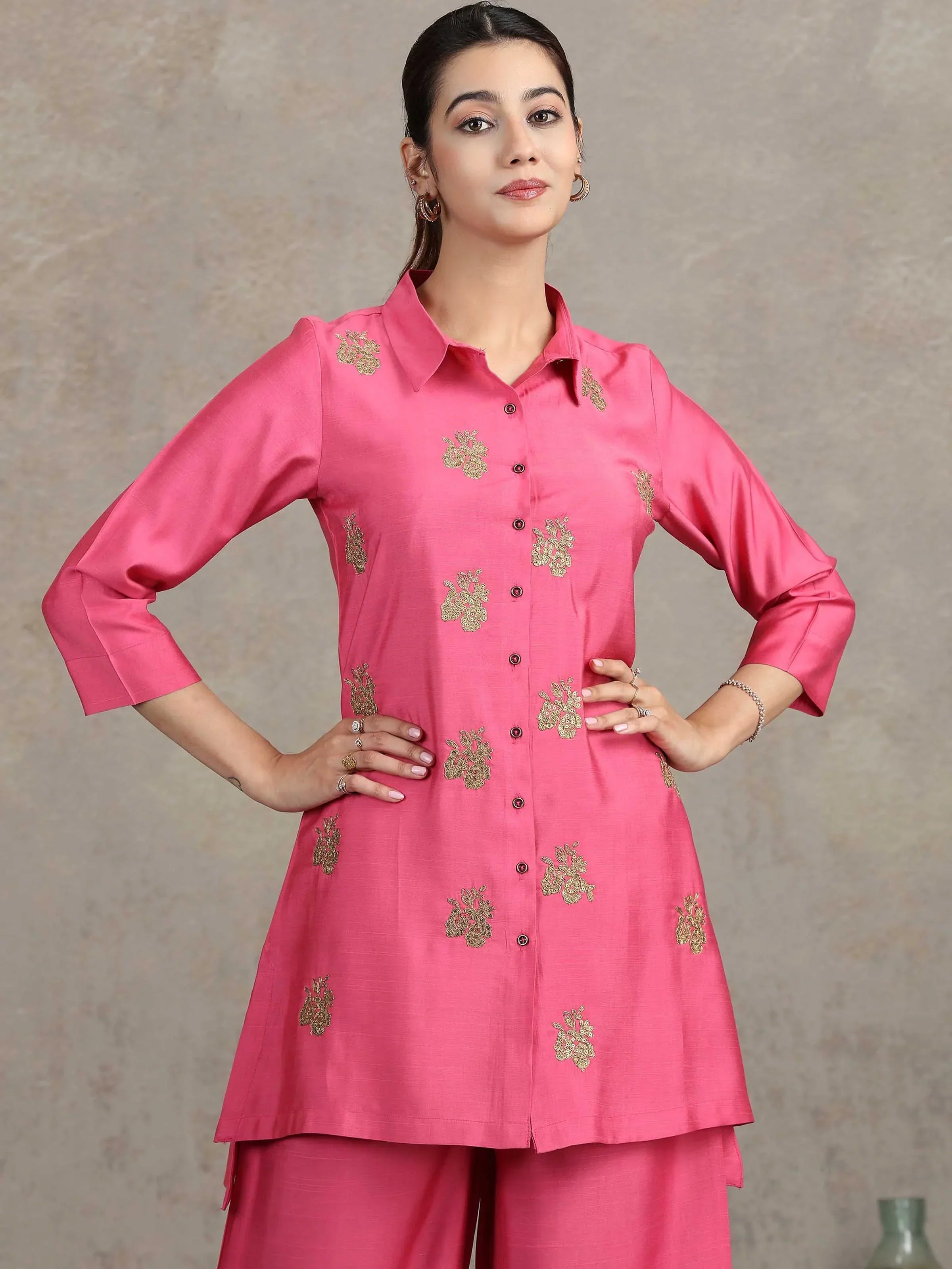 Pink Floral Embroidered Straight Co-ord Set