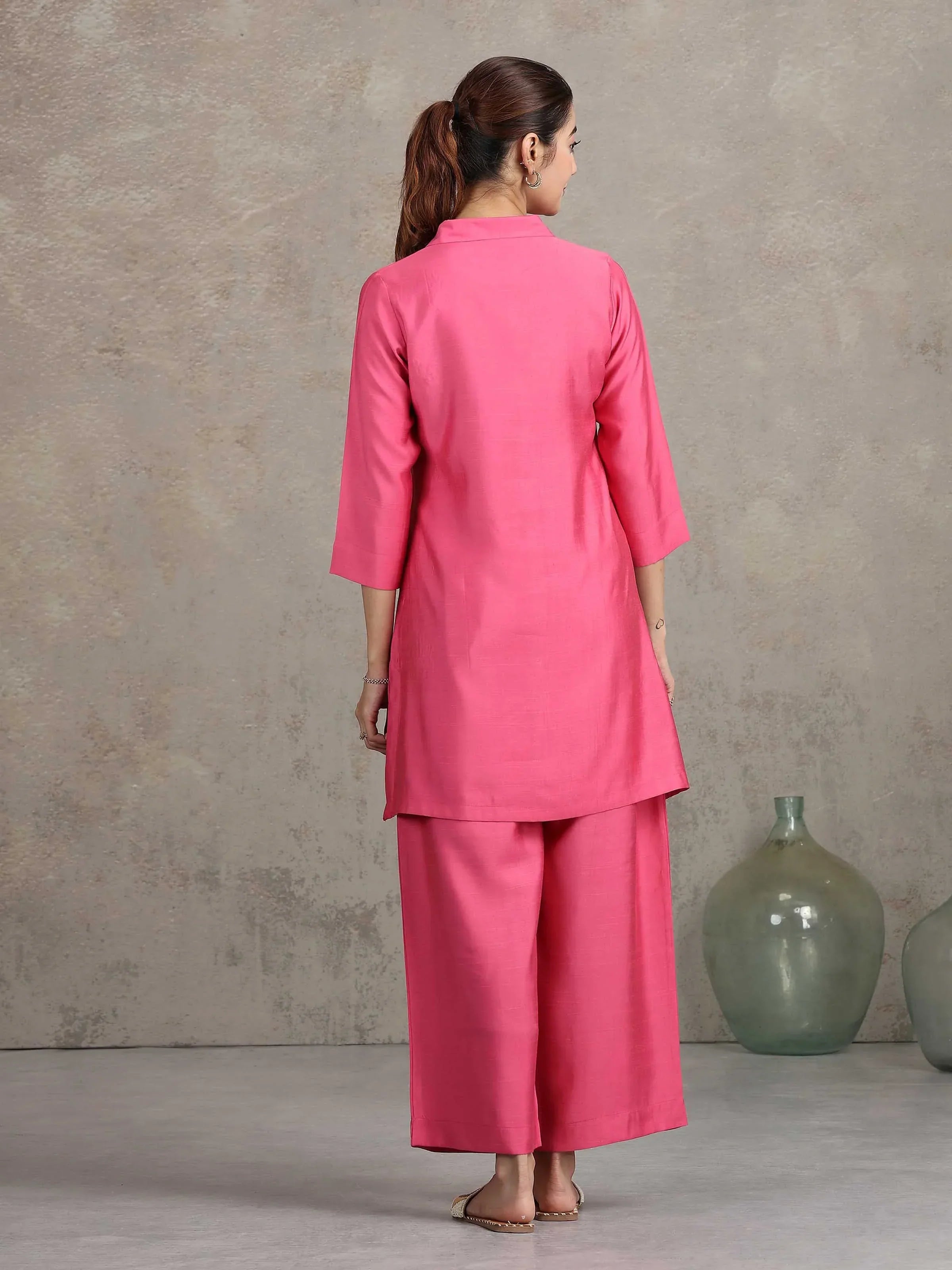 Pink Floral Embroidered Straight Co-ord Set