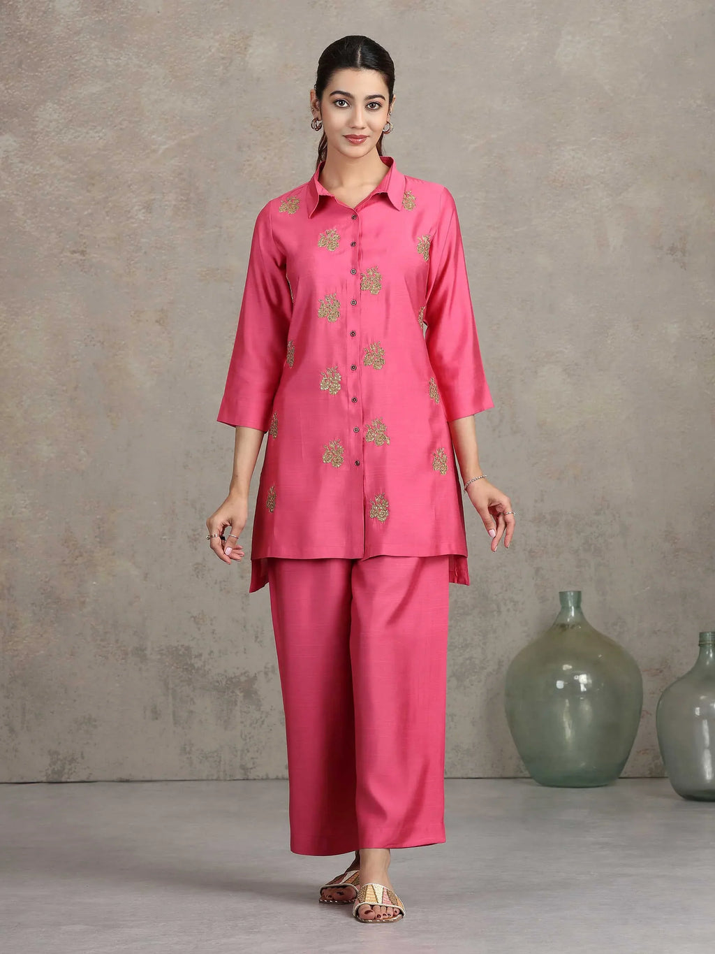 Pink Floral Embroidered Straight Co-ord Set