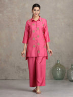 Pink Floral Embroidered Straight Co-ord Set