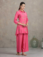 Pink Floral Embroidered Straight Co-ord Set