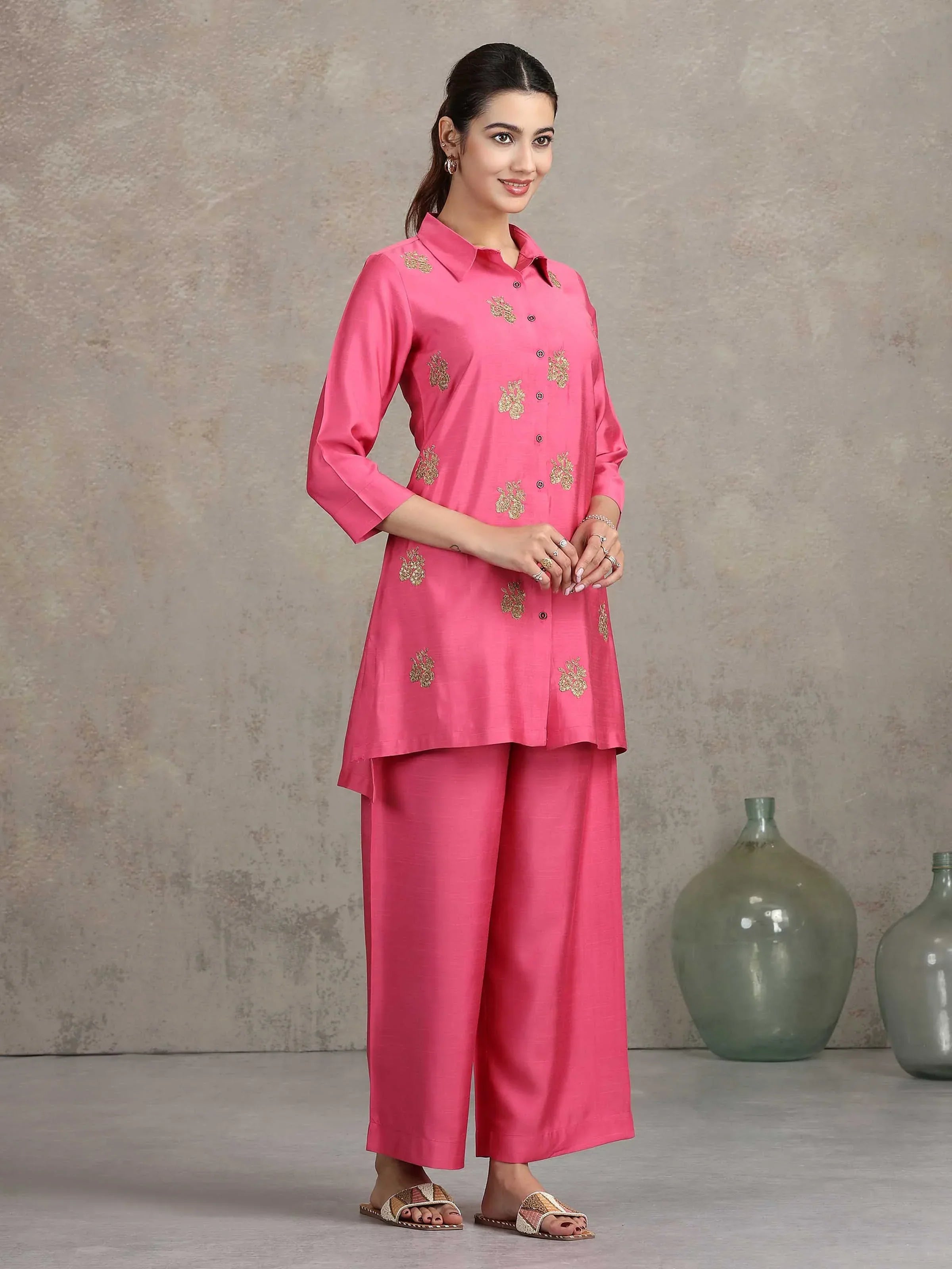 Pink Floral Embroidered Straight Co-ord Set
