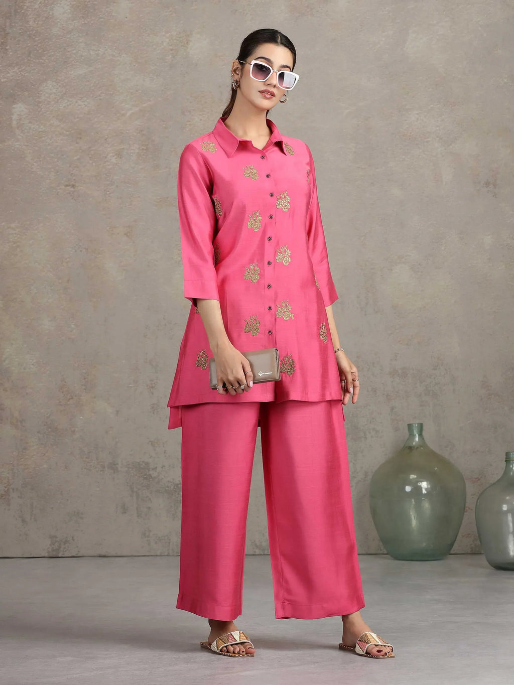 Pink Floral Embroidered Straight Co-ord Set