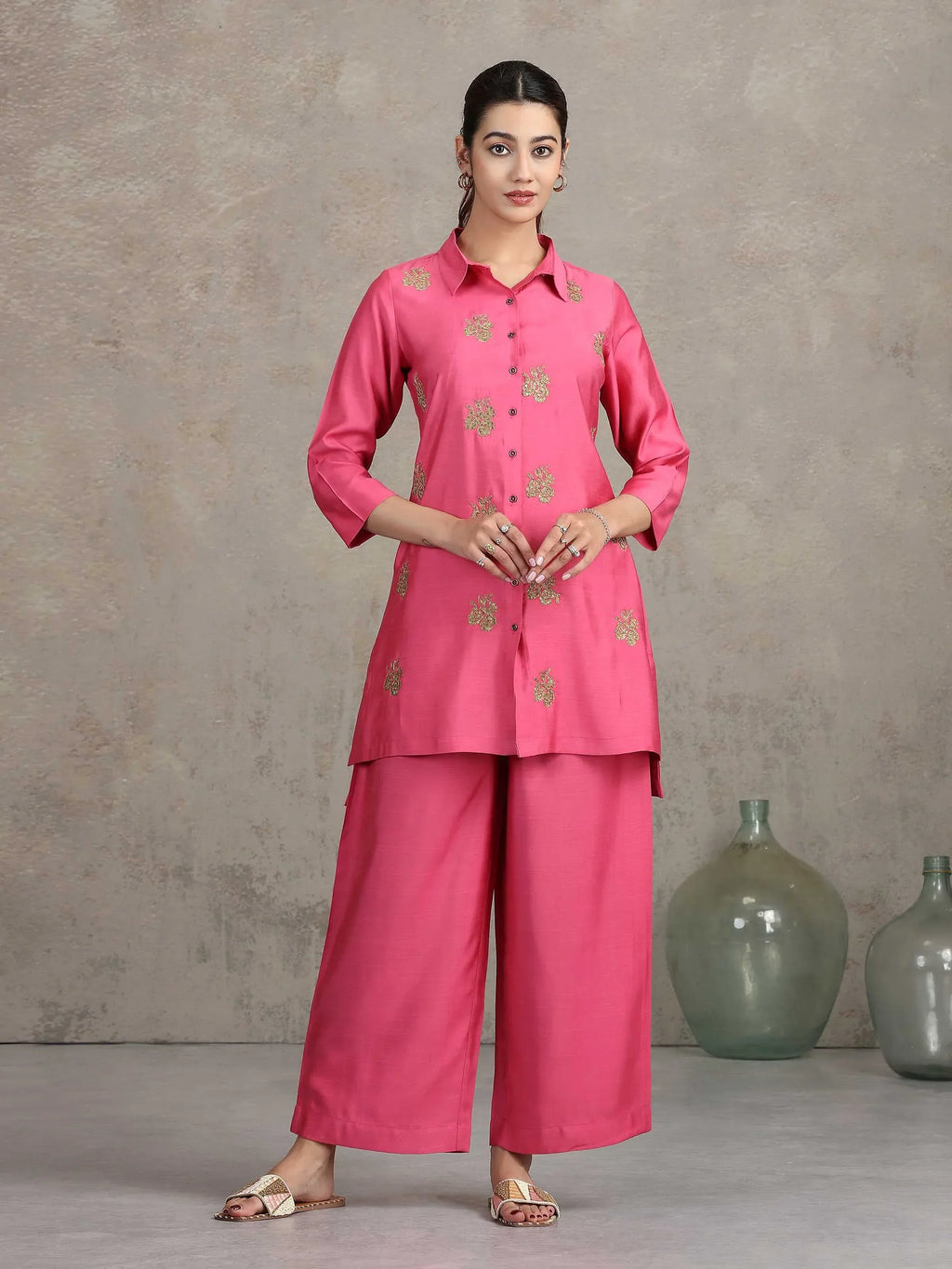 Pink Floral Embroidered Straight Co-ord Set