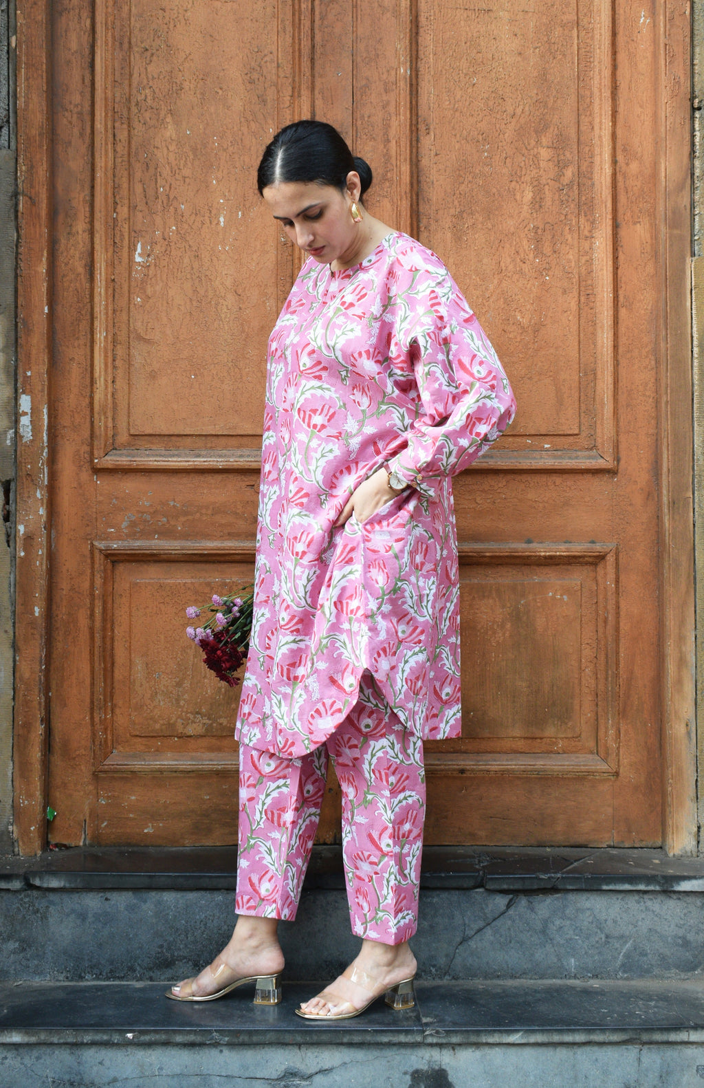 Pink and White Hand block Printed Antifit co-ord Set