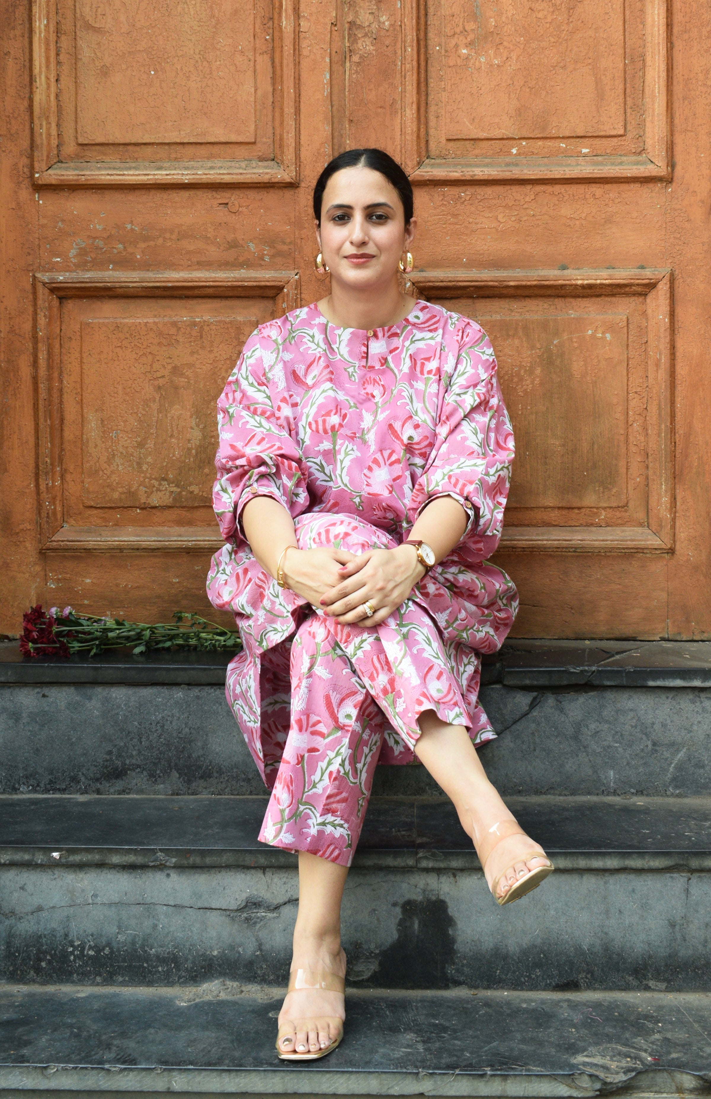 Pink and White Hand block Printed Antifit co-ord Set