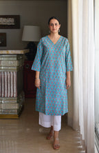 Blue and Pink Handblock Printed Panelled Kurta with White Pyjama