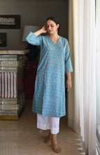 Blue and Pink Handblock Printed Panelled Kurta with White Pyjama
