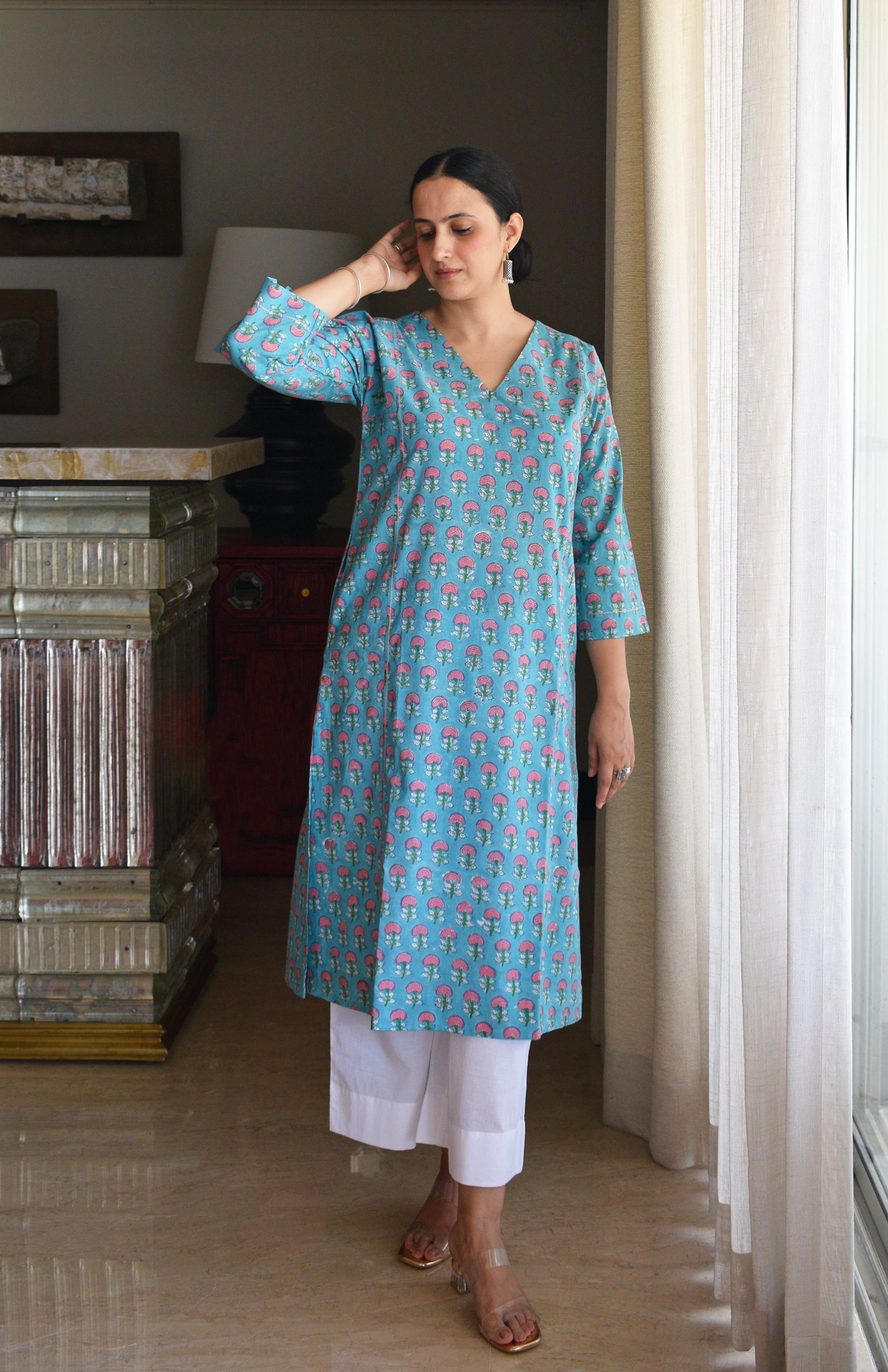 Blue and Pink Handblock Printed Panelled Kurta with White Pyjama
