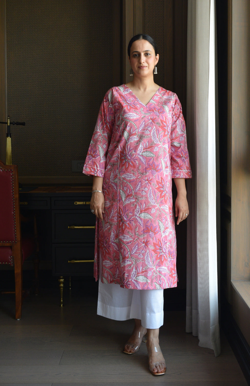 Pink Handblock Printed Panelled Kurta with White Pyjama