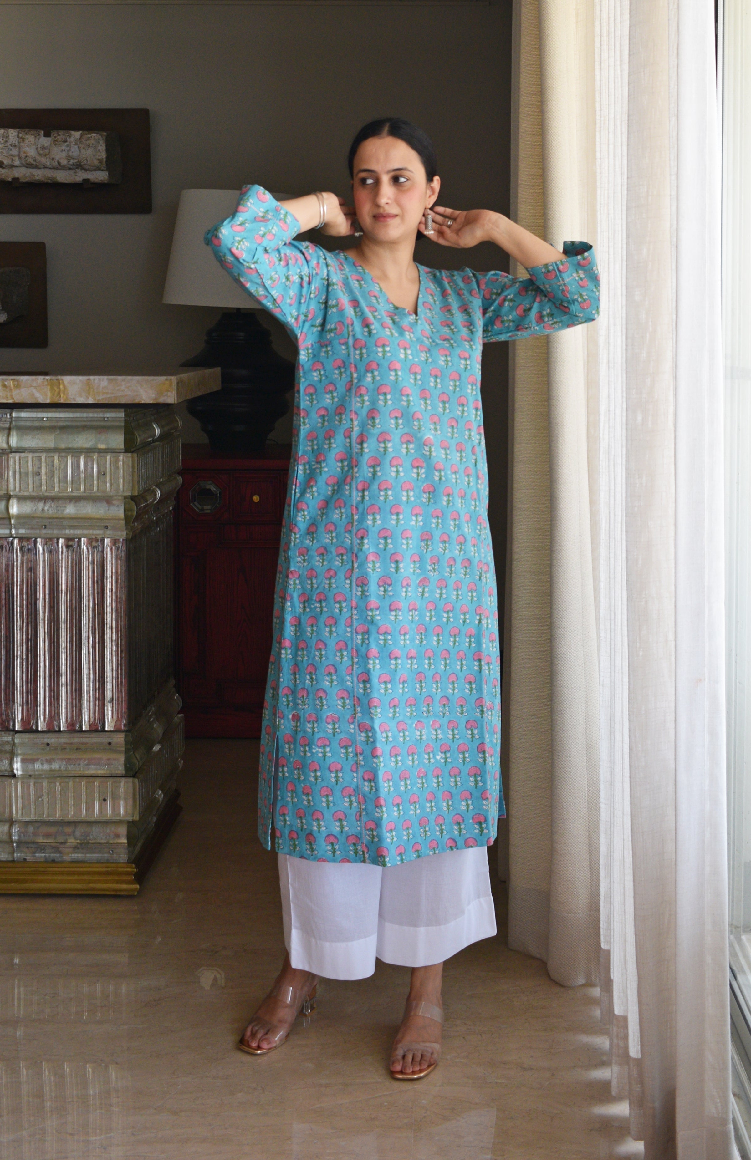 Blue and Pink Handblock Printed Panelled Kurta with White Pyjama