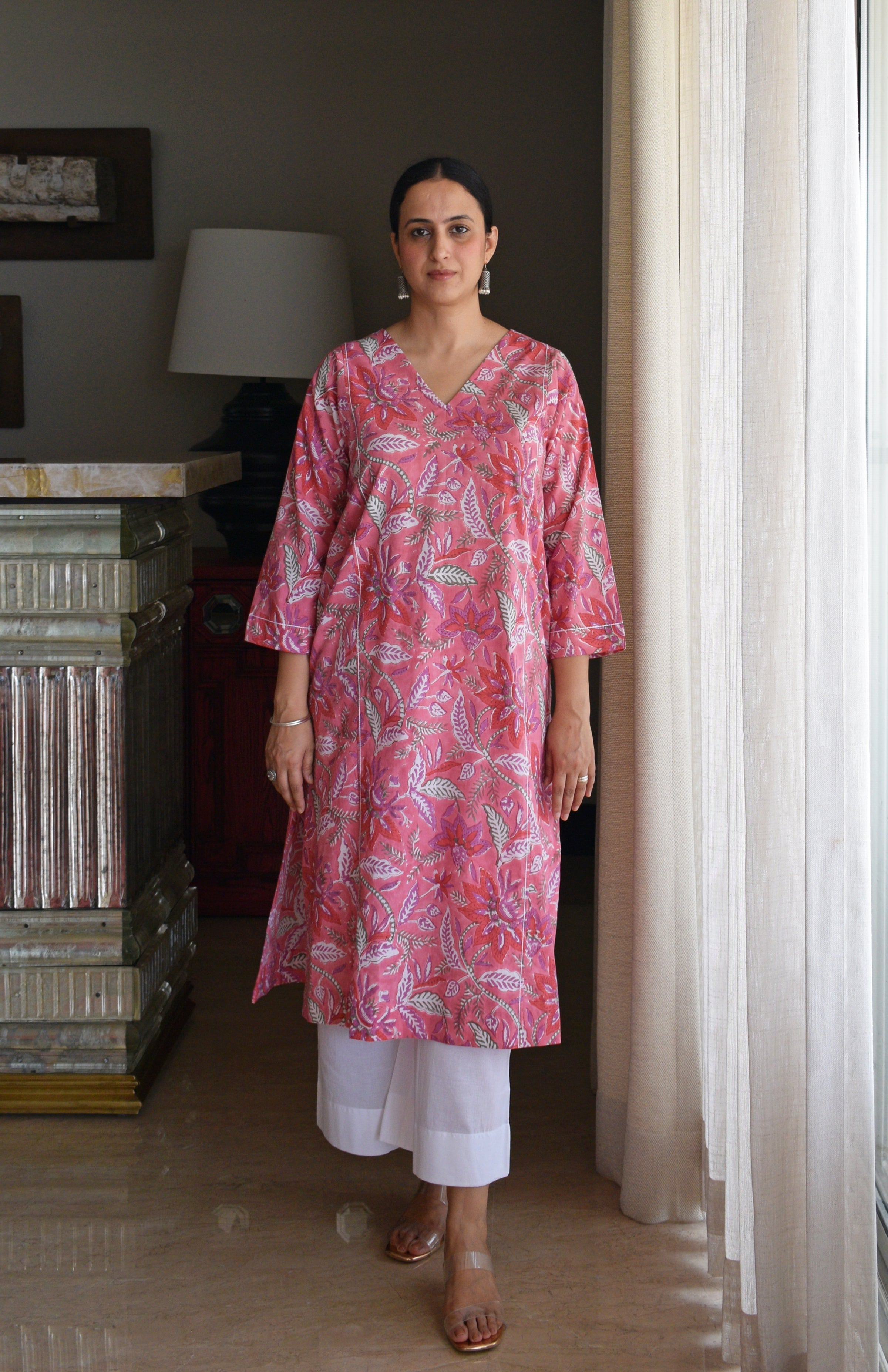 Pink Handblock Printed Panelled Kurta with White Pyjama