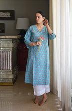 Blue and Pink Handblock Printed Panelled Kurta with White Pyjama
