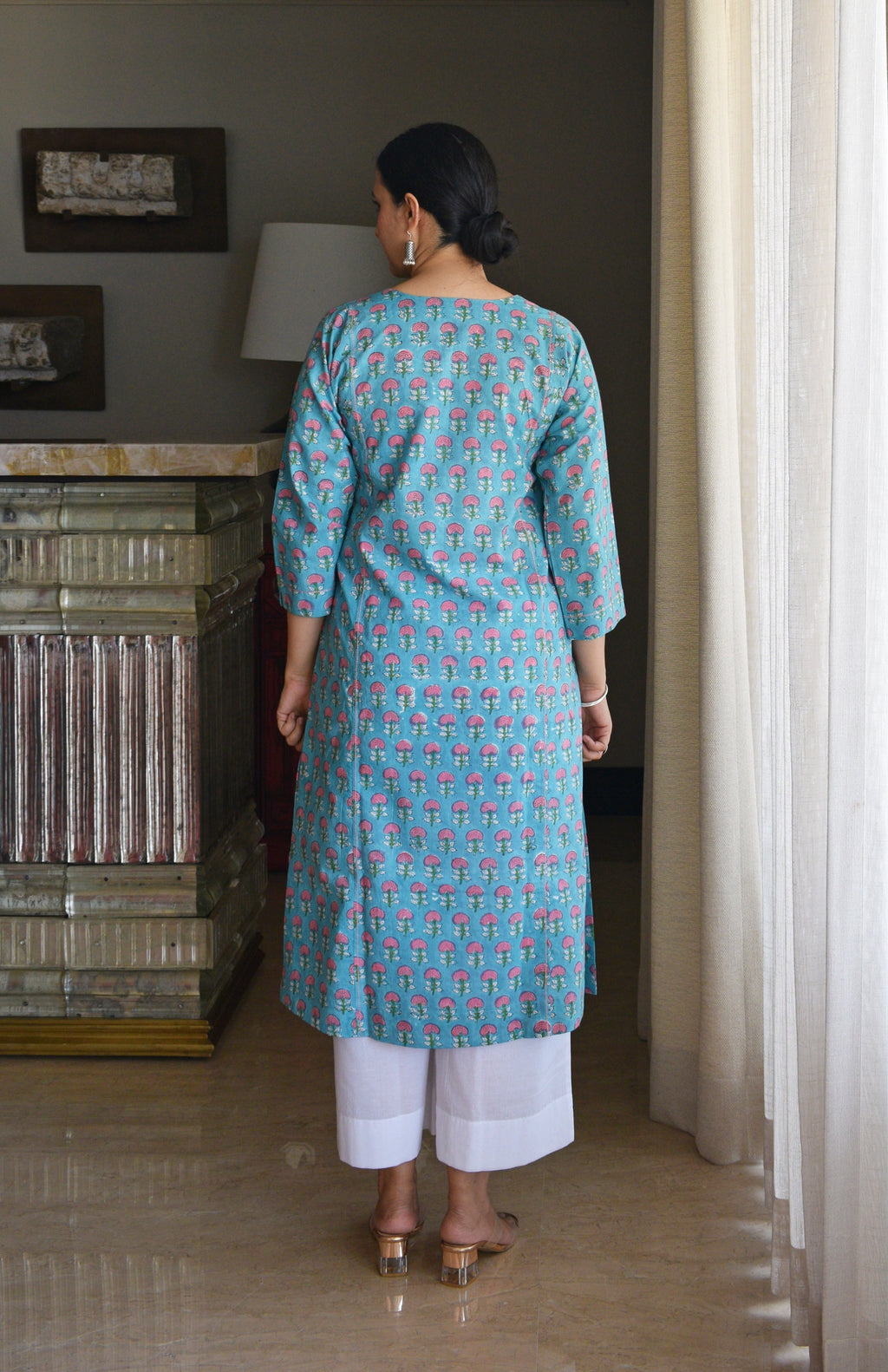 Blue and Pink Handblock Printed Panelled Kurta with White Pyjama
