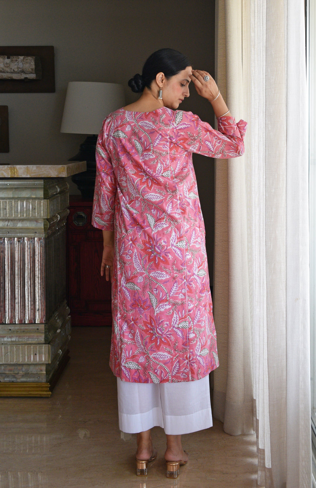 Pink Handblock Printed Panelled Kurta with White Pyjama