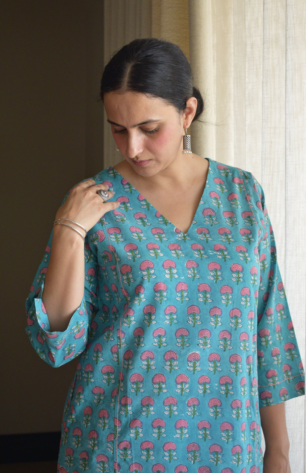 Blue and Pink Handblock Printed Panelled Kurta with White Pyjama