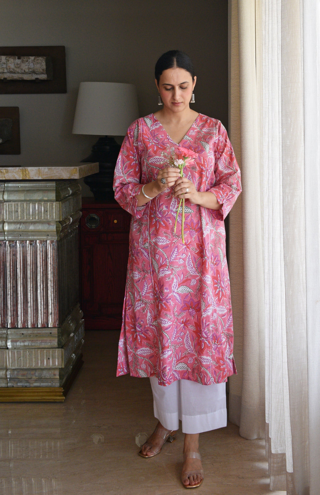 Pink Handblock Printed Panelled Kurta with White Pyjama
