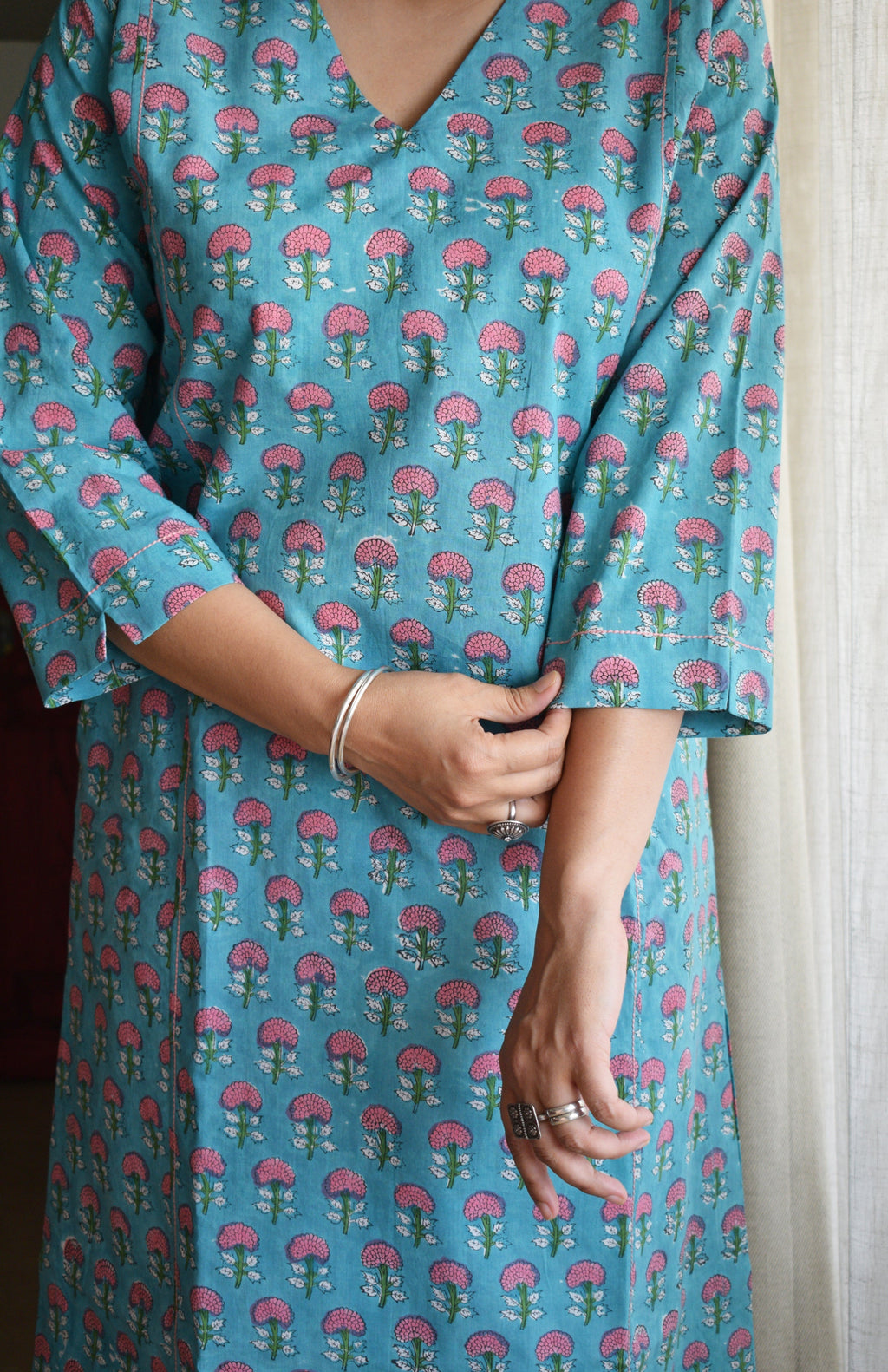 Blue and Pink Handblock Printed Panelled Kurta with White Pyjama
