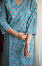 Blue and Pink Handblock Printed Panelled Kurta with White Pyjama