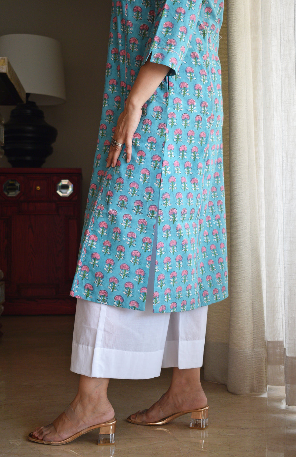 Blue and Pink Handblock Printed Panelled Kurta with White Pyjama
