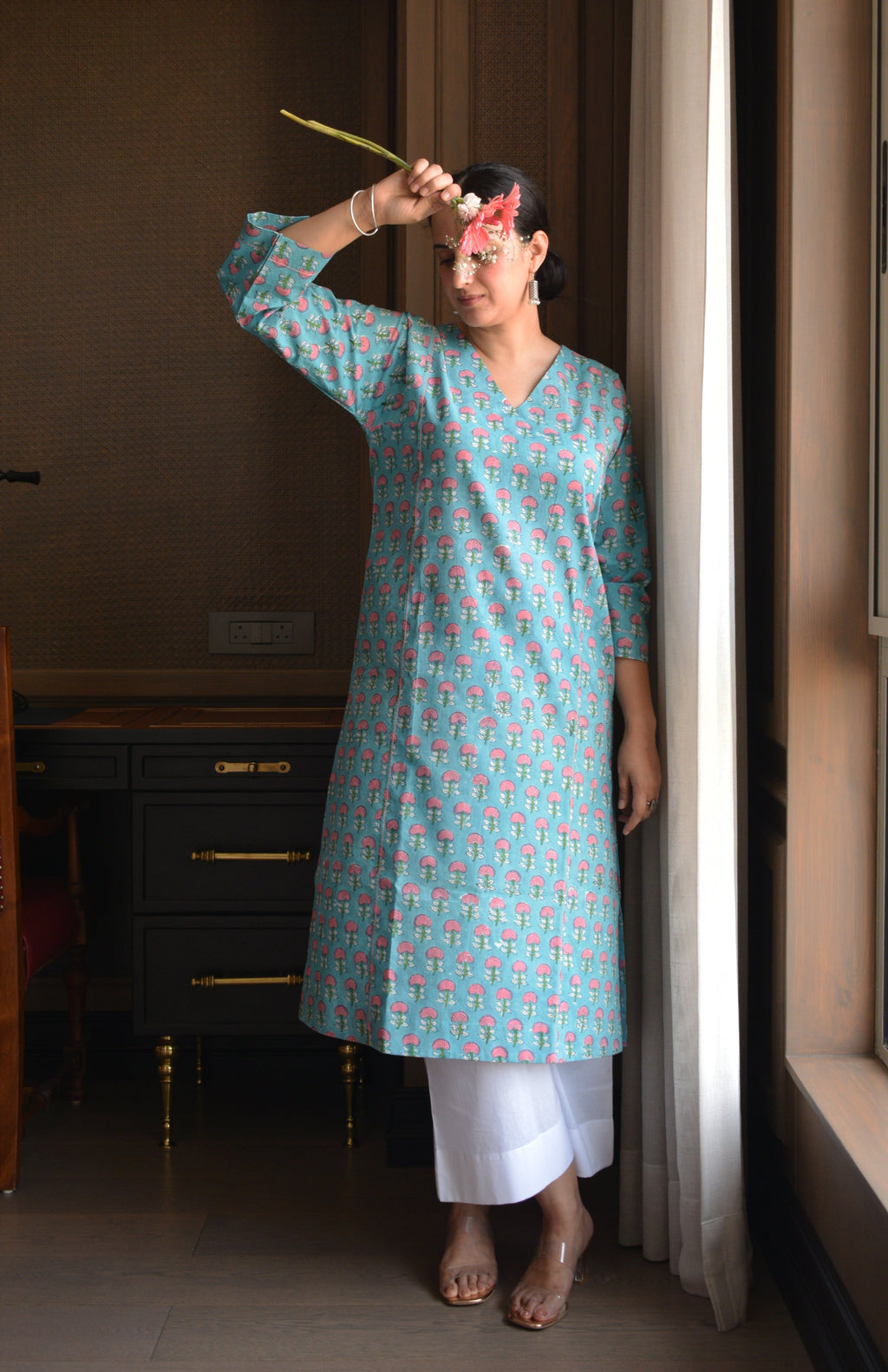 Blue and Pink Handblock Printed Panelled Kurta with White Pyjama