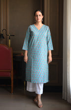 Blue and Pink Handblock Printed Panelled Kurta with White Pyjama