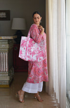 Pink Handblock Printed Panelled Kurta with White Pyjama
