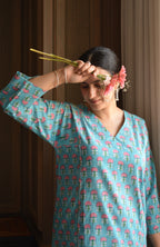 Blue and Pink Handblock Printed Panelled Kurta with White Pyjama
