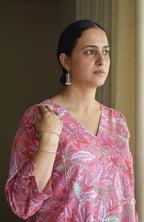 Pink Handblock Printed Panelled Kurta with White Pyjama