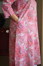 Pink Handblock Printed Panelled Kurta with White Pyjama
