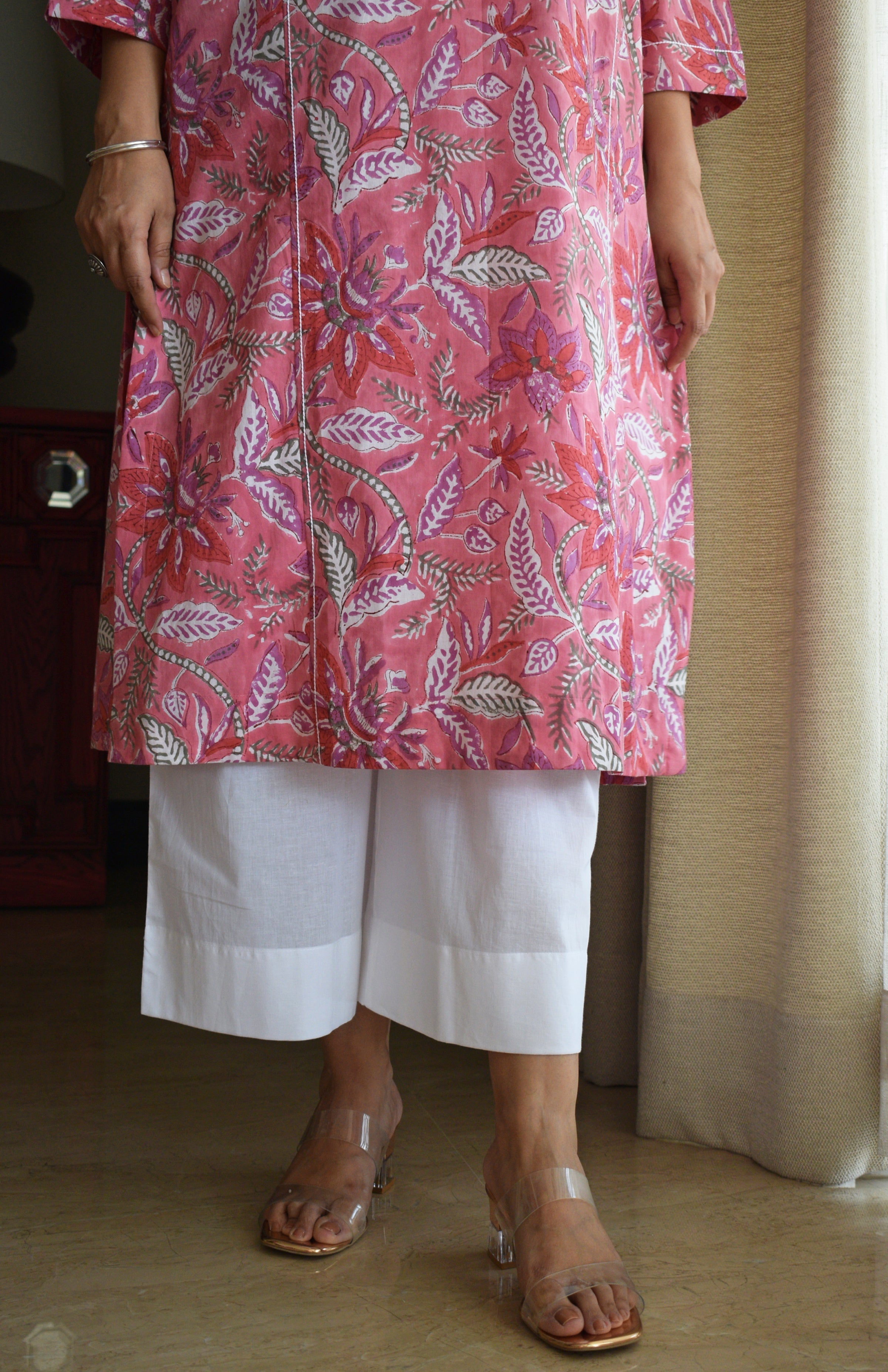 Pink Handblock Printed Panelled Kurta with White Pyjama