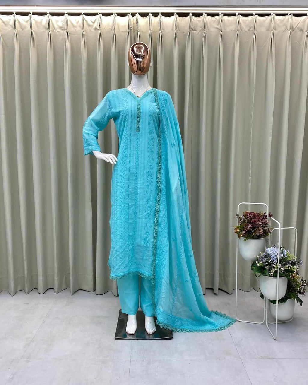 Myra Sky Blue Embroidered Top Palazzo Set