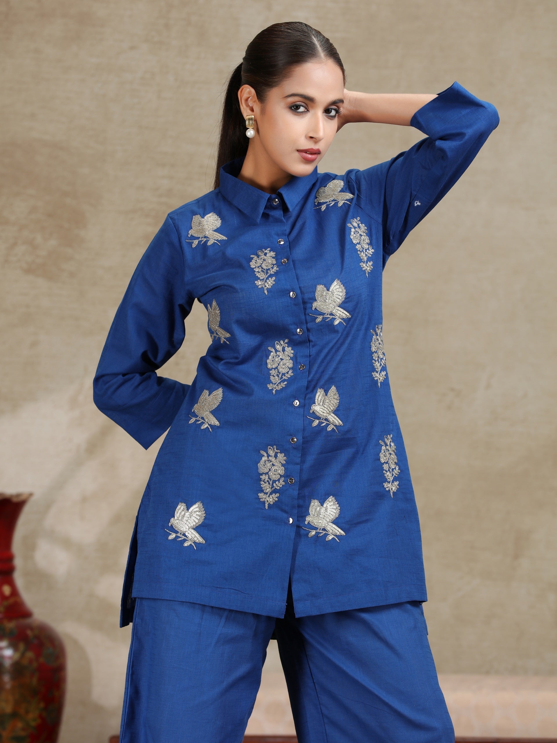 Royal Blue Floral Embroidered Straight Co-ord Set