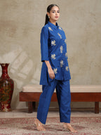 Royal Blue Floral Embroidered Straight Co-ord Set