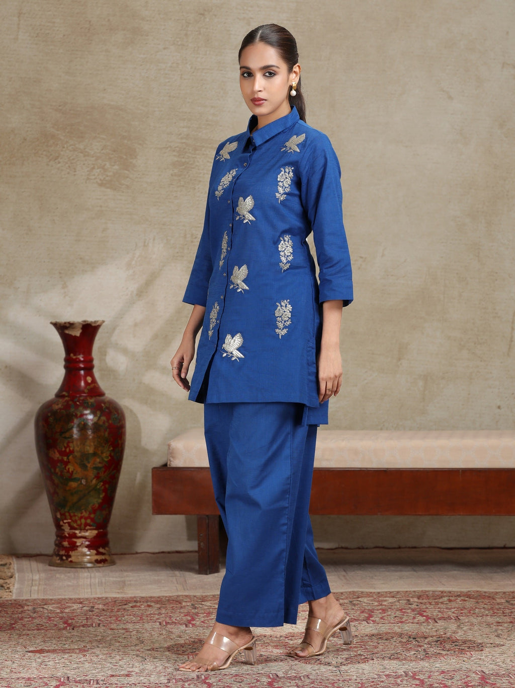Royal Blue Floral Embroidered Straight Co-ord Set