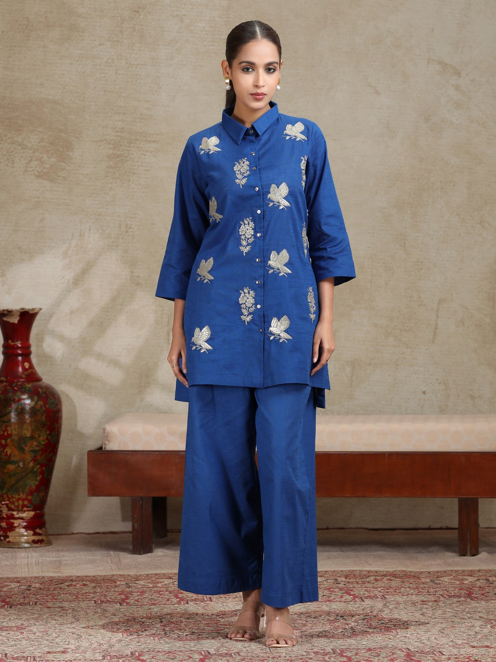 Royal Blue Floral Embroidered Straight Co-ord Set