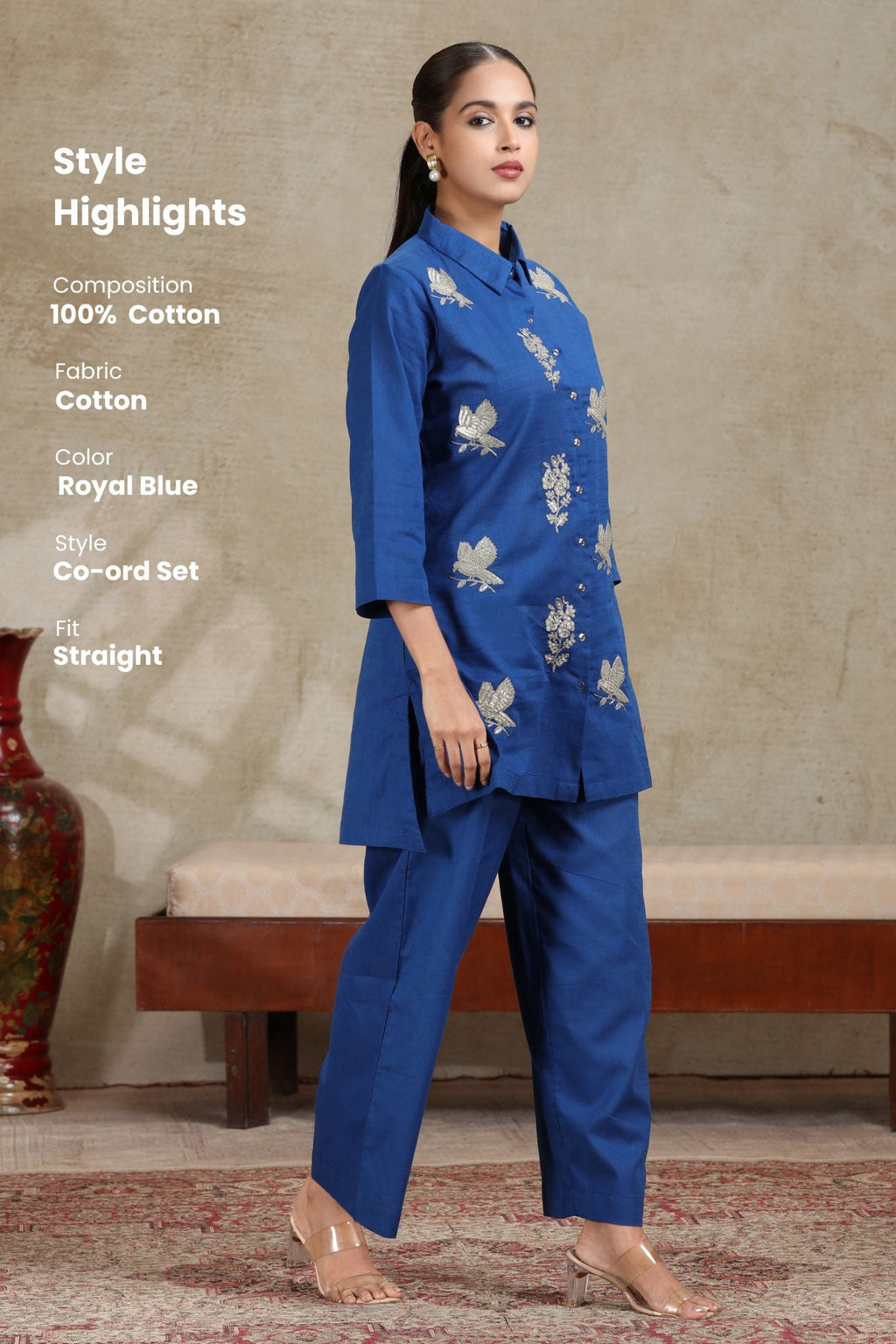 Royal Blue Floral Embroidered Straight Co-ord Set