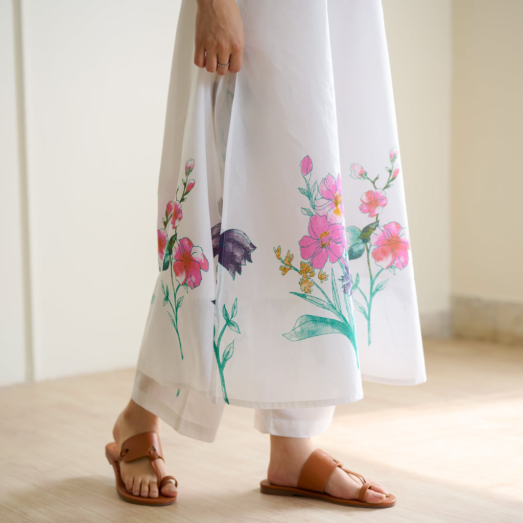 Aviva Patchwork Cotton Kurta Set with Mulmul Slip - Sharp White