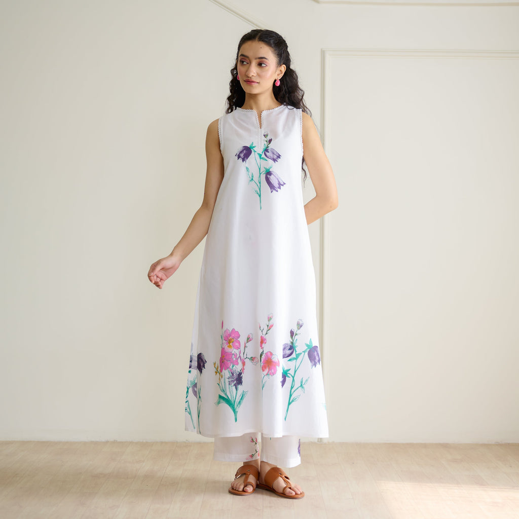 Aviva Patchwork Cotton Kurta Set with Mulmul Slip - Sharp White