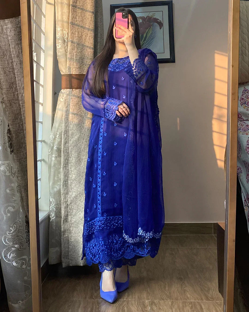 Aalina Navy Delight Chiffon Embroidered 4PC Dress