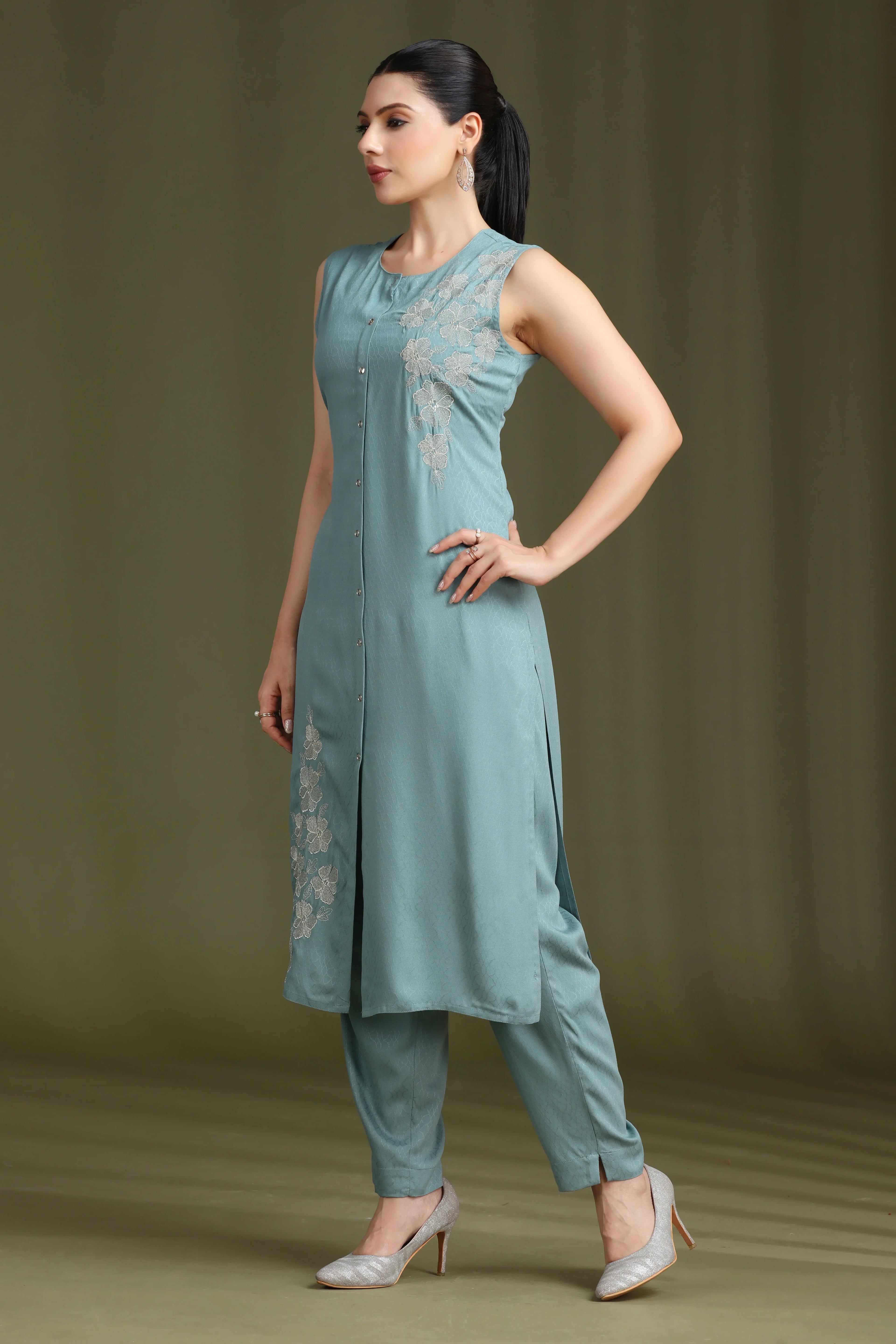 Soft Blue Embroidered Straight Co ord Set